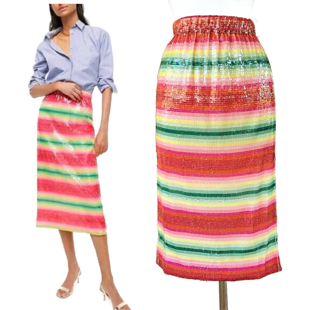 NEW J CREW COLLECTION Sequin Rainbow Stripe Midi Skirt Size XXS